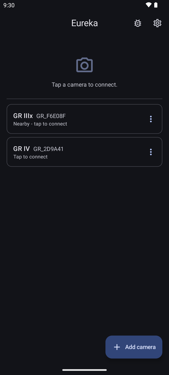Eureka's camera list showing a saved GR IIIx that is nearby and a saved GR IV, with an Add camera button.