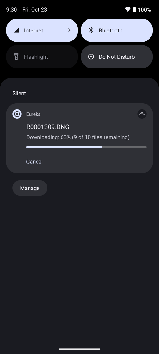 Android notification shade showing Eureka downloading R0001309.DNG at 63 percent with 9 of 10 files remaining and a Cancel action.