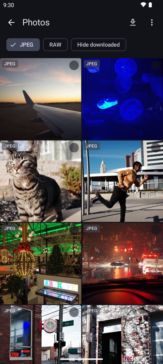 A grid of JPEG thumbnails loaded from a Ricoh GR camera, with JPEG, RAW, and Hide downloaded filter chips at the top.