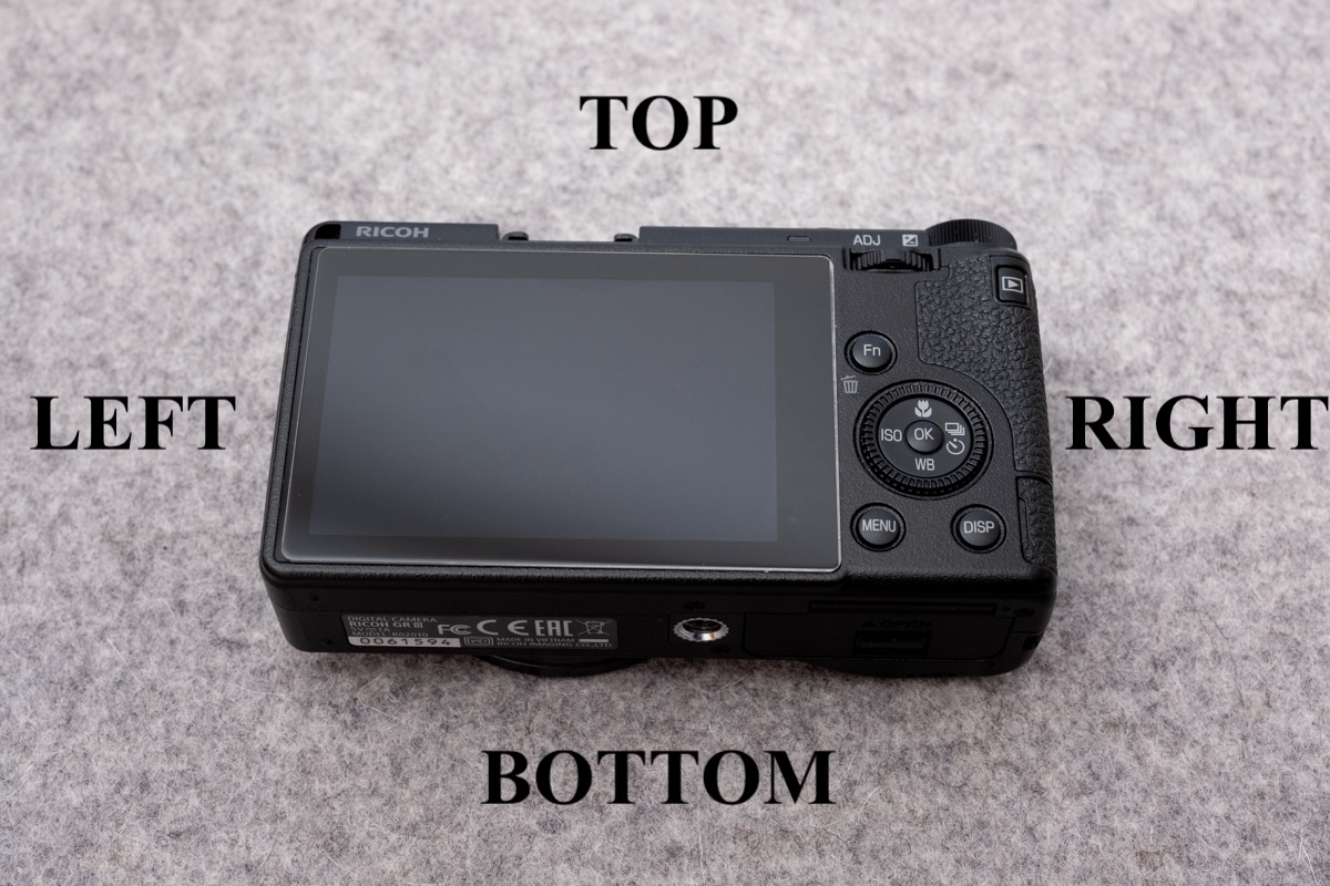Orientation diagram showing the movie button on the left side, USB port on the right side, lens at the front, display at the back, shutter botton on top, and battery at the bottom of the camera.
